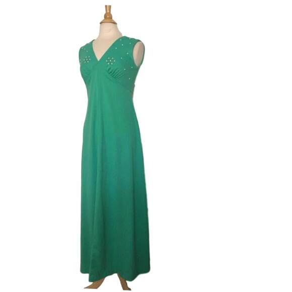 Vintage MINT Green Embellished Dress - 1960s Sleeveless Sea Green Formal Gown - Picture 3 of 8
